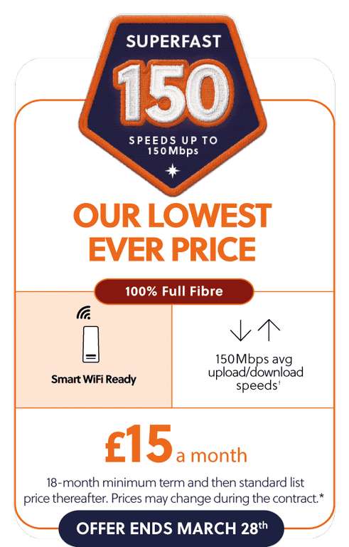 Gigaclear full fibre superfast 150Mb - £15 per month for 18 months (+ £30 Topcashback / £13.33pm effective cost)