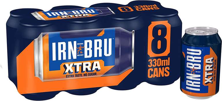 IRN-BRU XTRA Taste No Sugar, 8 x 330ml, Fizzy Drinks Multipack Cans (Pack of 8)