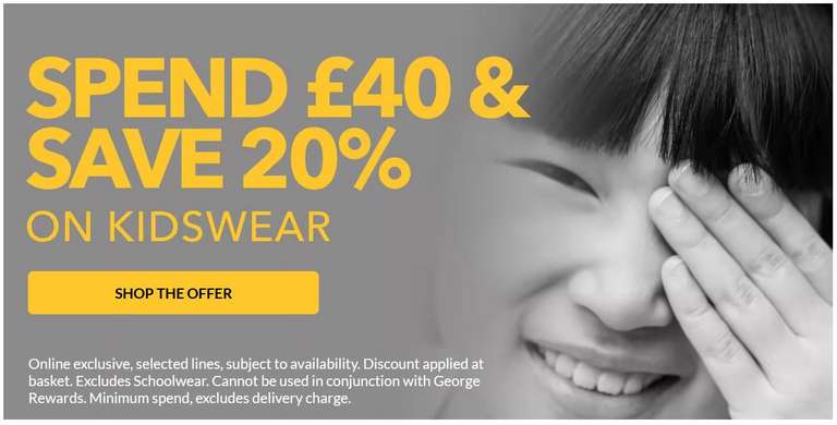 Spend £40 & Save 20% On Kidswear (Examples In Post) eg Black Cotton Rich Socks 10 Pack £3.50 + Free Order & Collect @ George (Asda)