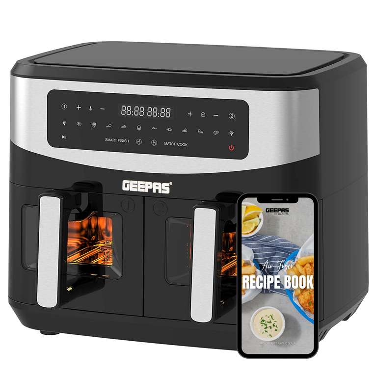 Geepas 9L Digital Vortex Dual Basket Air Fryer - 2 Year Warranty - 2600w - Viewing W*ndows Free Recipe E-Book Delivered (With Code)