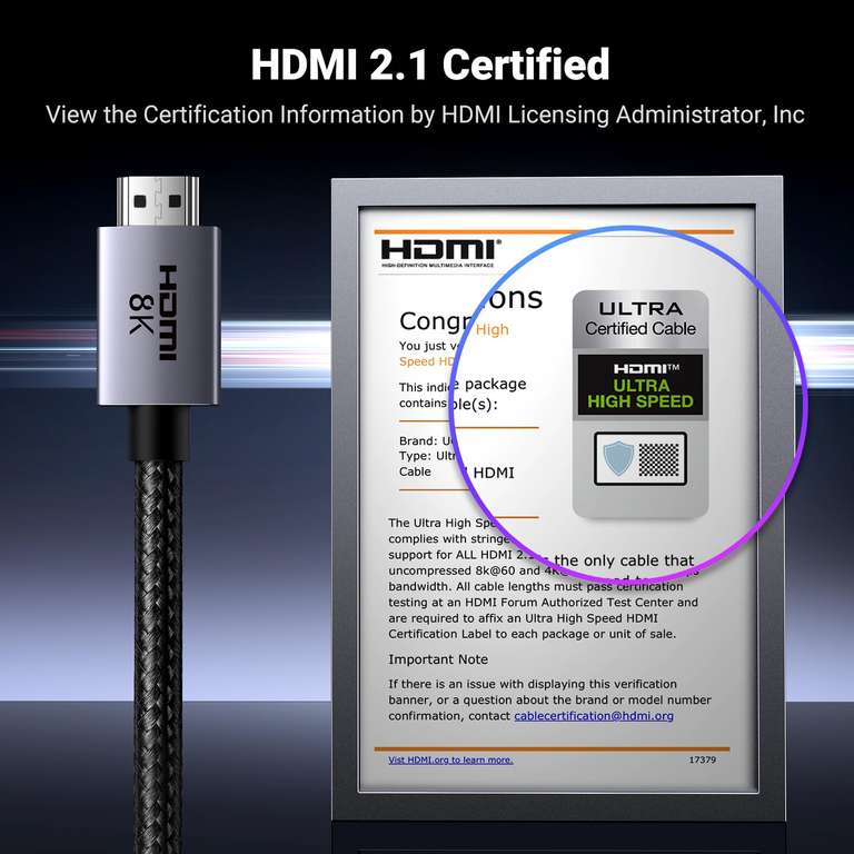 UGREEN Certified HDMI 2.1 Cable 1m ( 4K + 8K / 120 ~ 240Hz eARC / Dolby Atmos ) @ w / voucher UGREEN GROUP LIMITED UK / FBA