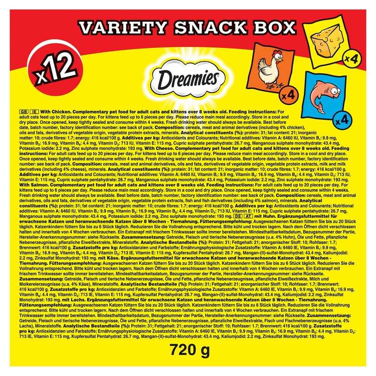 Dreamies Variety Snack Box 12 x 60g Pouches, Cat Treats Snacks - Chicken, Salmon & Cheese Flavours (£9.09 with max subscribe and save)