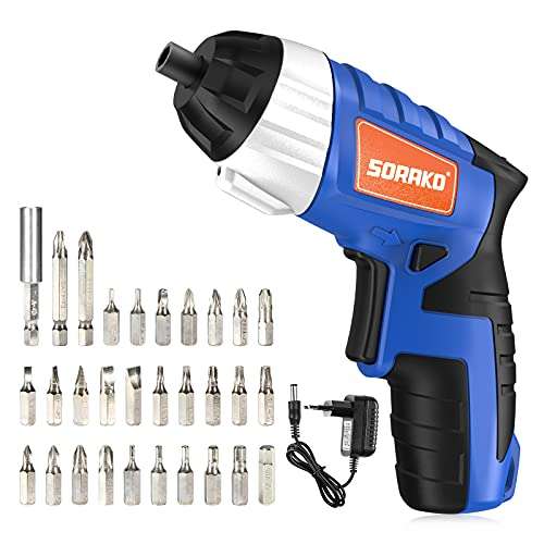 SORAKO 3.6V Cordless Electric Screwdriver 6Nm, Rechargeable Power Screwdriver Set with 30 Accessory Kit and USB Charging Cable - w/voucher