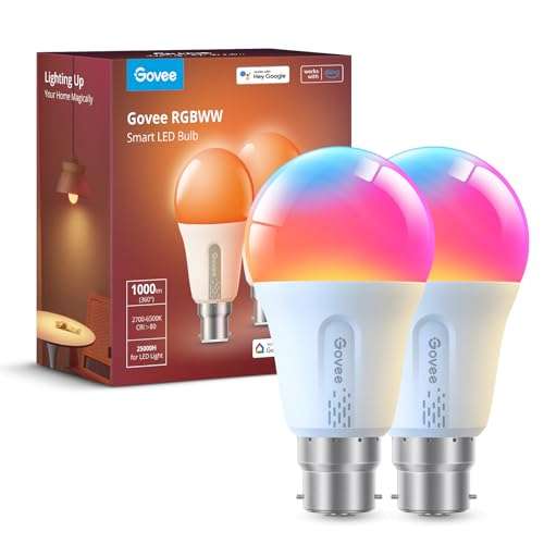 Govee Smart A19 LED Light Bulbs, 1000 lumens RGBWW Wi-Fi Colour Changing Bulbs w.code Sold by Govee UK FBA