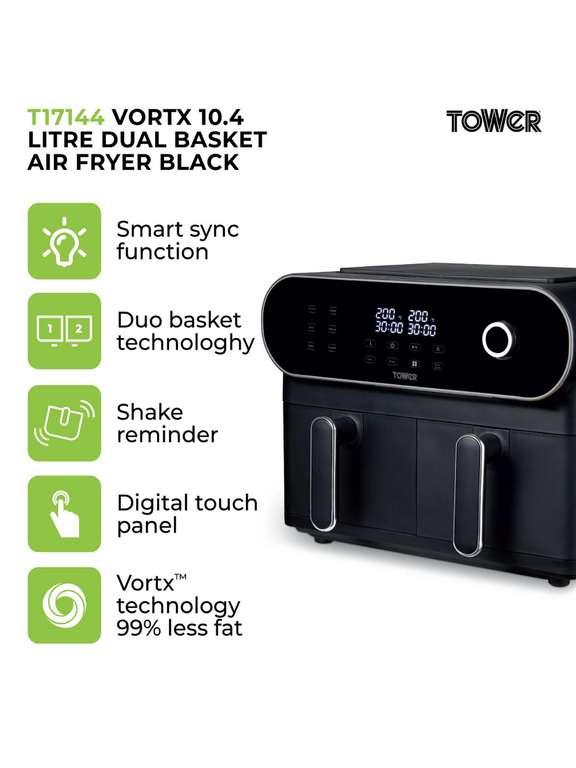 Tower T17144 10.4L Vortx Dual Basket Air Fryer with Smart Finish Technology - 2x 5.2l Baskets - Sync Finish -Shake Reminder- 3 Year Warranty