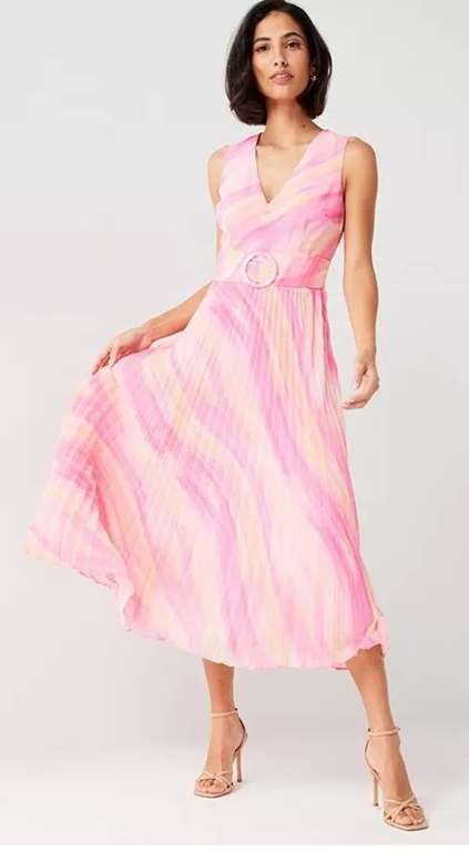 V by Very Belted Pleated Skirt Printed Midi Dress