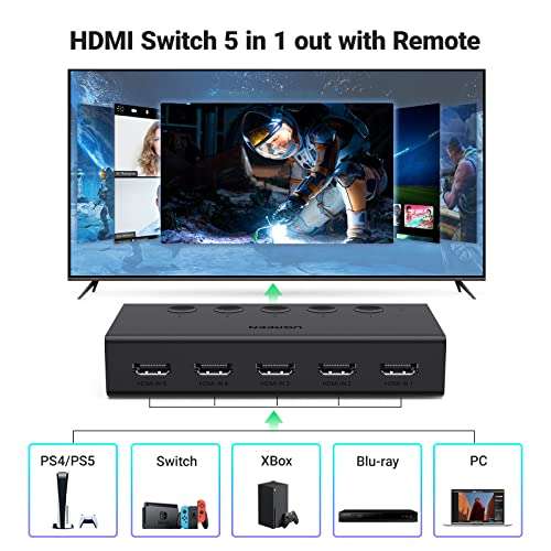 UGREEN HDMI Switch 5 in 1 Out 4k@60hz with Remote £31.99 or UGREEN HDMI 2.1 Switch 4K@120Hz/8K@60Hz £35.17 using voucher @ Ugreen / Amazon