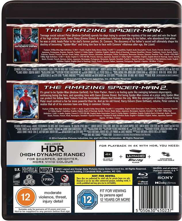 The Amazing Spider-Man 1&2 4K Ultra-HD (4 Discs- Ultra-HD & BD) [Blu-ray] [2021] £16 @ Amazon