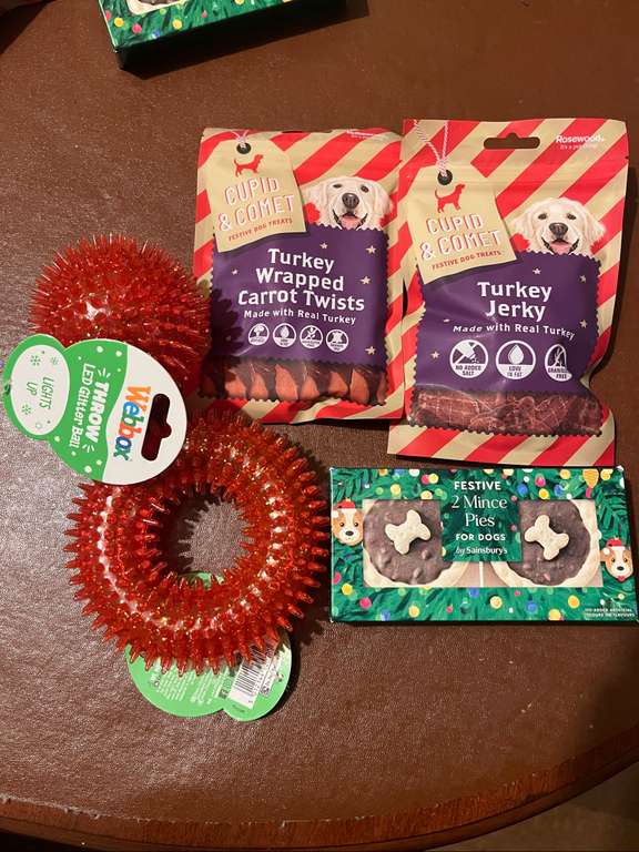 Festive dog treats and toys, 10-15p instore Luton