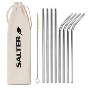 8 x Salter Eco Reusable Metal Drinking Straws With Fibre Cleaning Brush & Drawstring Bag - Sold & Dispatched By Home of Brands