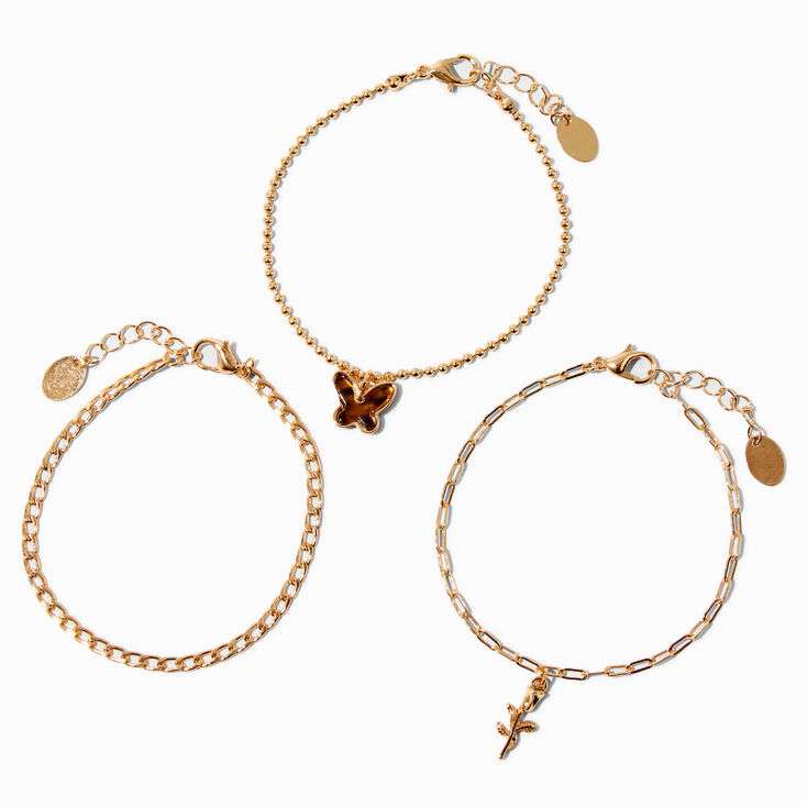 Gold-tone Butterfly & Rose Chain Bracelets - 3 Pack + Free C&C