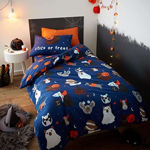 Catherine Lansfield Bedding Halloween Dogs Glow in the Dark Single Duvet Cover Set with Pillowcases Blue