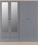 Seconique Mirrored Wardrobe, Grey Gloss/Light Oak Effect Veneer, W 1540mm x D 520mm x H 1825mm