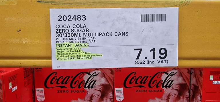 Coca-Cola Zero Sugar 30 x 330ml @ Costco warehouse Derby (28.7p per can)