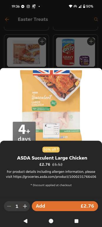 ASDA Succulent Large Chicken 50% off Easter Sale on Just Eat (Free Delivery on £15+) (Hartlepool)