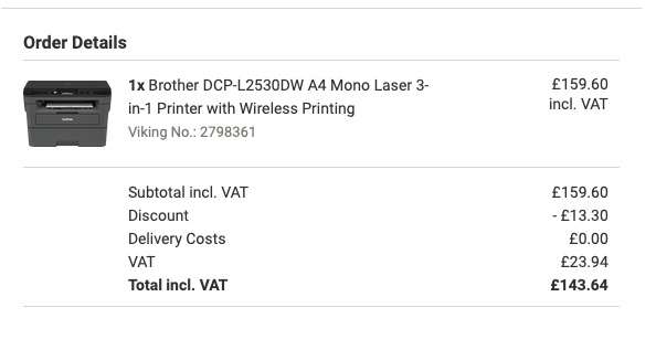 Brother DCP-L2530DW A4 Mono Laser 3-in-1 Printer with Wireless Printing - £143.64 Delivered Viking Direct