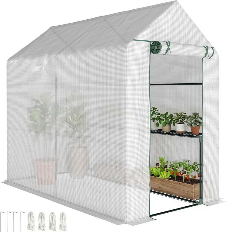 Outsunny Walk In Greenhouse with 2-Tier Shelves, Roll up Zip Panel Door - White