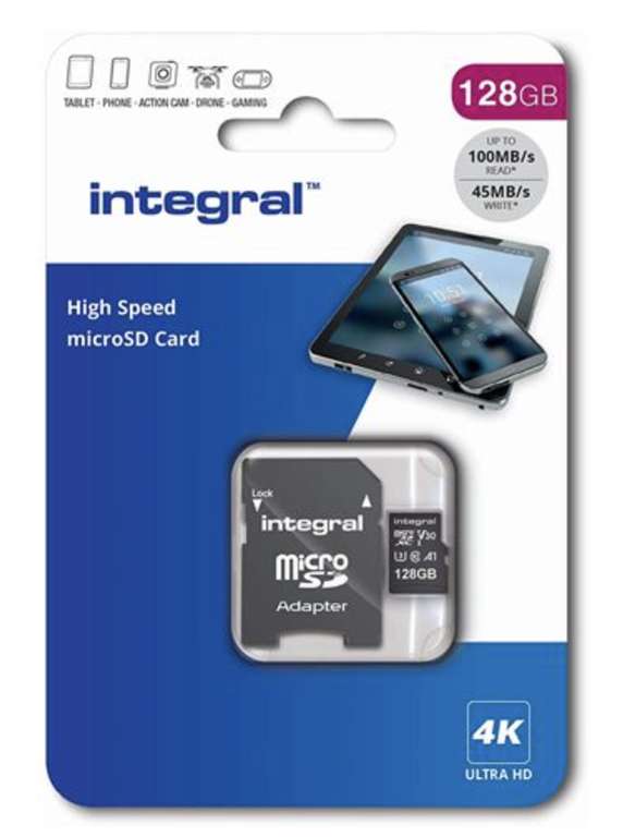 128GB - Integral microSDxC Premium High Speed Memory Card (100/45 MB/s R/W) V30 UHS-I U3 + SD Adapter - £9.99 delivered @ Hit (Base.com)
