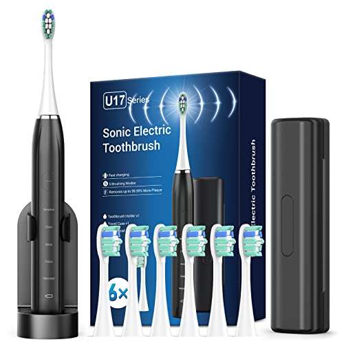 Sonic Electric Toothbrush for Adults & Kids, Rechargeable with 6 Brush Heads, 5 Cleaning Modes, Travel Case (Light Green) £12.99 @ Amazon