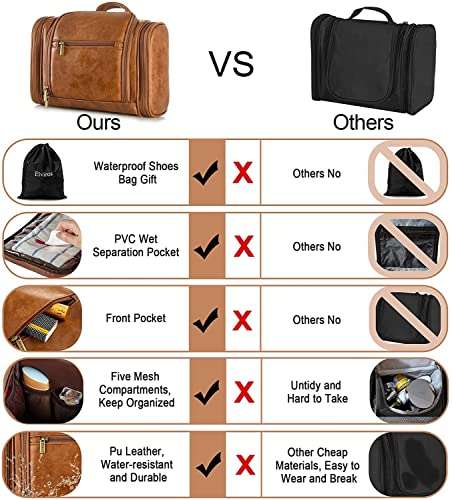Elviros Travel Hanging Toiletry Bag, PU Leather, Water-Resistant Bathroom Shaving Kit (with code) @ Mohan Limited / FBA