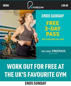 PureGym FREE 3 day Gym pass w/code
