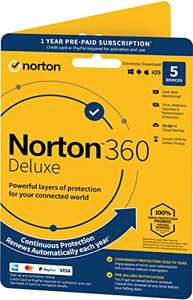 Norton 360 Deluxe Antivirus etc for 5 Devices 1 year prepaid subscription - £11.49 @ Amazon