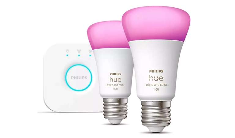 Hue Starter Kit - 2 x Philips Hue Colour E27 or B22 Bulbs (1100 lumens) + Bridge = £64.99 (£59.99 with signup code) - collection @ Argos