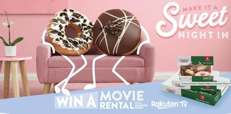 Buy select boxes and receive a £2.50 Rakuten movie rental or a chance to win a £5.50 Rakuten movie rental with Krispy Kreme Sweet Nights in