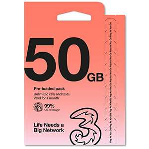 Three Mobile 50GB data pay as you go SIM, valid for 30 days - £16.25 @ Amazon