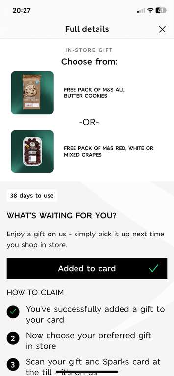 Free M&S All Butter Cookies or Red/White/Mixed Grapes via Sparks app (Account Specific)
