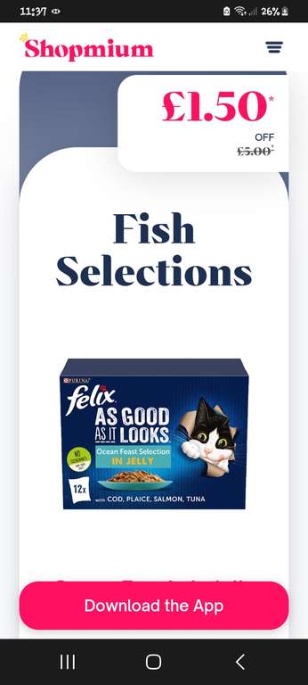 Felix As Good As It Looks Cat Food Ocean Feasts In Jelly 12x100g £5 / £1.50 cashback shopmium app.