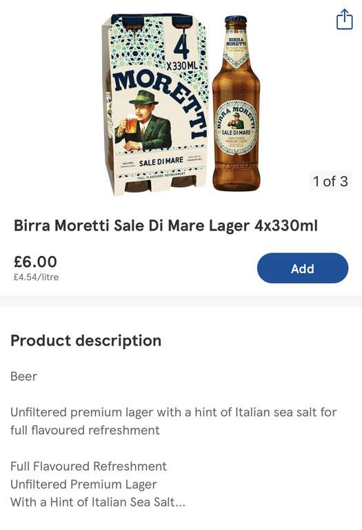 FREE Birra Moretti Pint Chalice Glass on purchase of 4x330ml Birra Moretti Sale Di Mare Lager - Cardiff