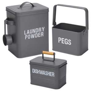 Set of 3 Grey Storage Tins – Pegs, Laundry Powder & Dishwasher Tablets