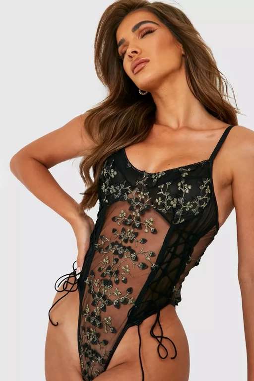 Floral Embroidered Lace Up Bodysuit - £12 + Free Delivery With Code - @ Debenhams sold by Boohoo