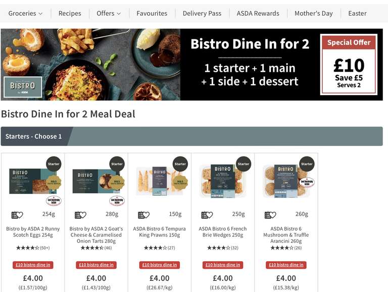 ASDA Bistro Dine for 2: 1 Starter, 1 Main, 1 side and 1 dessert (4 Dishes which serve 2 people for £10)