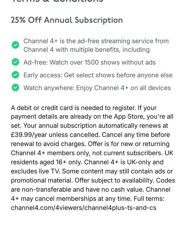Channel 4 Code Number 25% Off Annual Channel 4+ Subscription for £30 at Channel 4 | hotukdeals