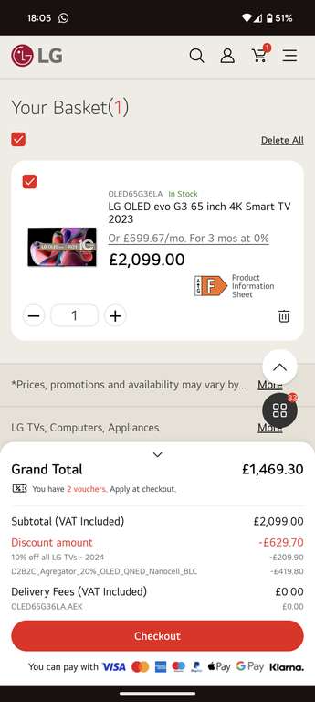 LG OLED evo G3 65 inch 4K Smart TV 2023 - £1,469.30 w/ Bluelight (-20%) & LG membership (-2%).