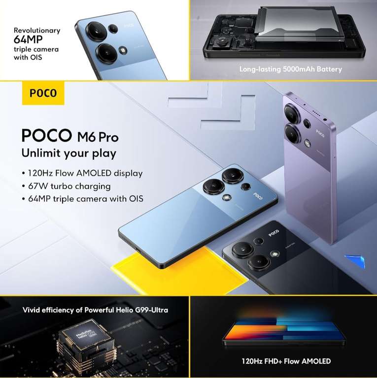 POCO M6 Pro Smartphone 12+512GB All Colours Helio G99, 64MP triple camera, 6.67" 120Hz AMOLED, 5000mAh, 67W (UK Version + 2 Years Warranty)