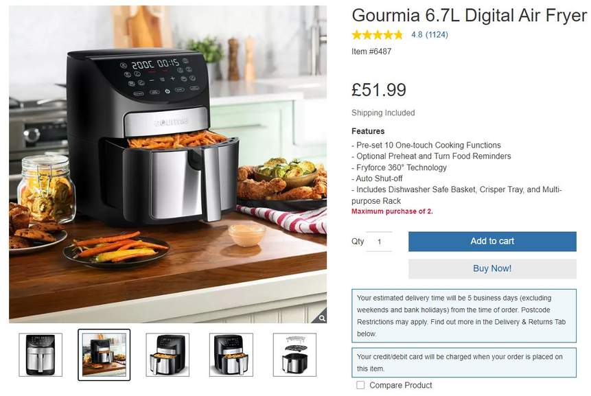 Gourmia Digital Air Fryer 6.7L/7-QT Includes Mulit-Purpose Basket