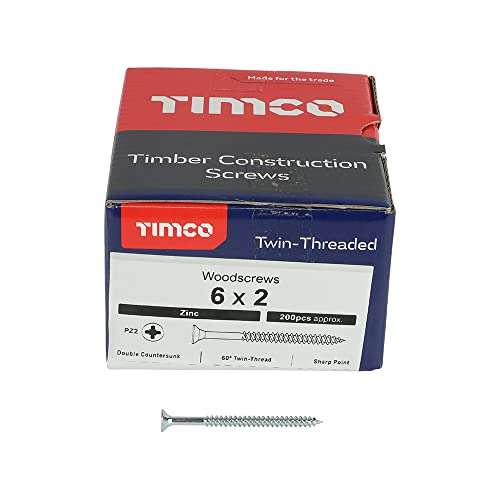 TIMCO Twin-Threaded Woodscrews - PZ - Double Countersunk - 6 x 2 - Zinc Plated - Box of 200