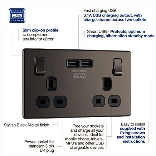 BG Screw less Double Switched Power Socket with Two USB Charging Ports in Black Nickel £12.99 @ Amazon
