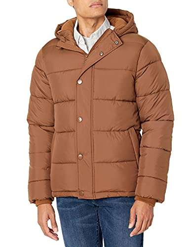 Amazon Essentials Men's Heavyweight Hooded Puffer Coat Light Brown Small or Large for £16.37
