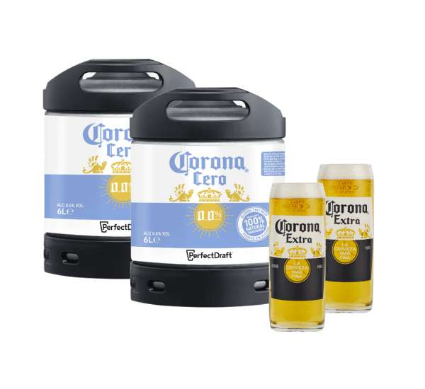 PerfectDraft: Short Date Corona Cero 0.0% Keg Pack (2 Kegs + 2 FREE Glasses) BBE March 24