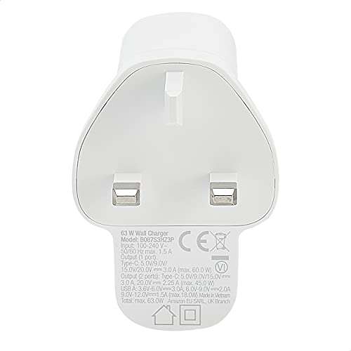 Amazon Basics 63W Two-Port GaN Wall Charger with 1 USB-C (45W) and 1 USB-A Port (18W), with Power Delivery - White (non-PPS)