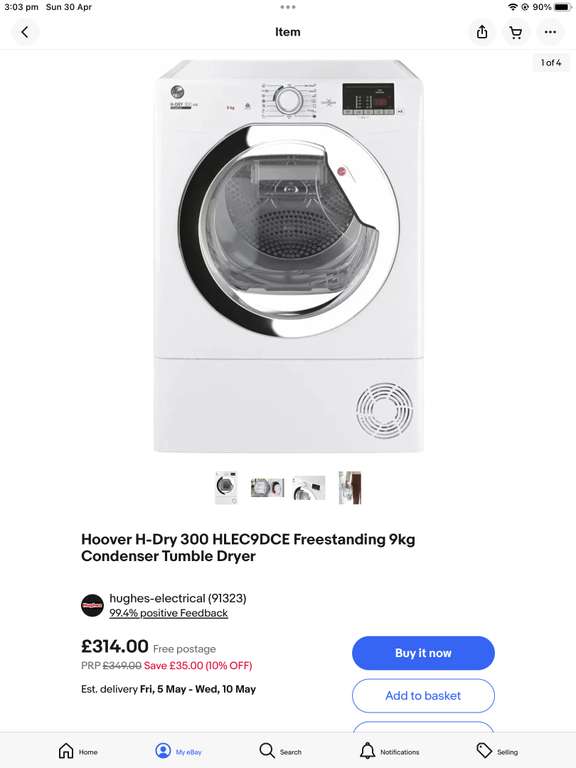 Hoover H-Dry 300 HLEC9DCE Freestanding 9kg Condenser Tumble Dryer £266.90 Delivered with code @ Hughes Via eBay