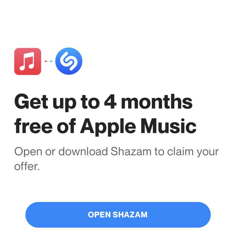 Up to 4 months free Apple Music @ Shazam