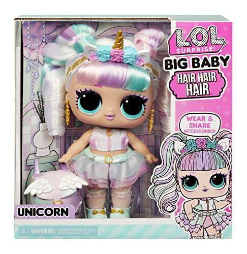 LOL Surprise Big Baby Hair Large - UNICORN - 27.94cm Doll with 14 Surprises Including Shareable Accessories and Real Hair - £25.60 @ Amazon