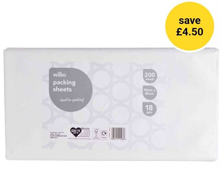 Wilko Packing Sheets 200 free Click and Collect in limited stores £1 @ Wilko