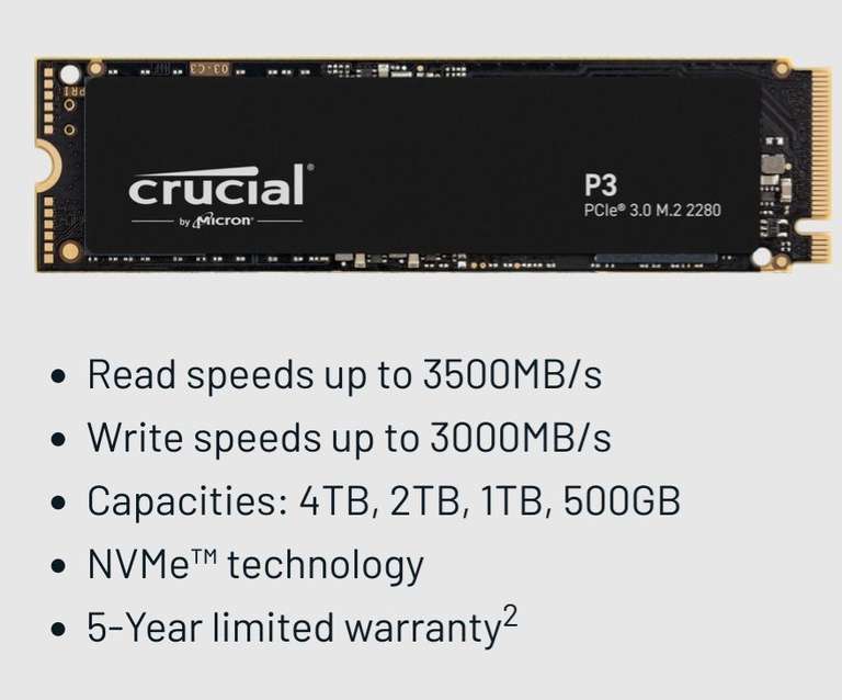 Crucial P3 PCIe Gen3 M.2 2280 SSD 3,500MB/s 2TB £91.73 @ Crucial
