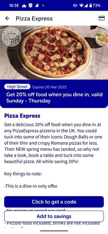 Get 20% off food when you dine in, valid Sunday - Thursday via Blue Light Card